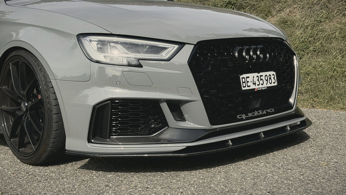 Audi RS3 8V with CT Carbon front lip and front bumper trim, DTC homologated
